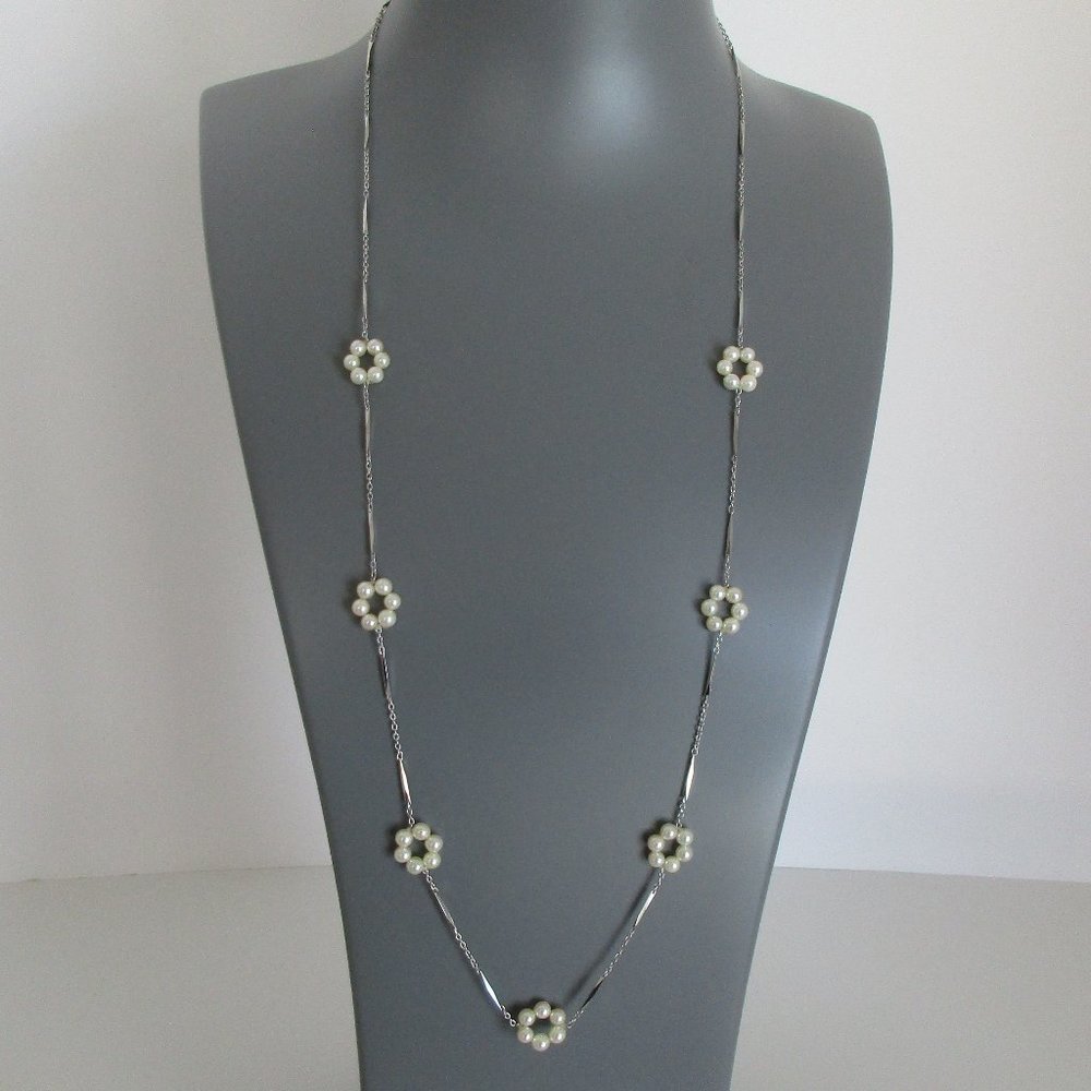 Real Genuine Pearls Necklace 26" Long, Silver Tone